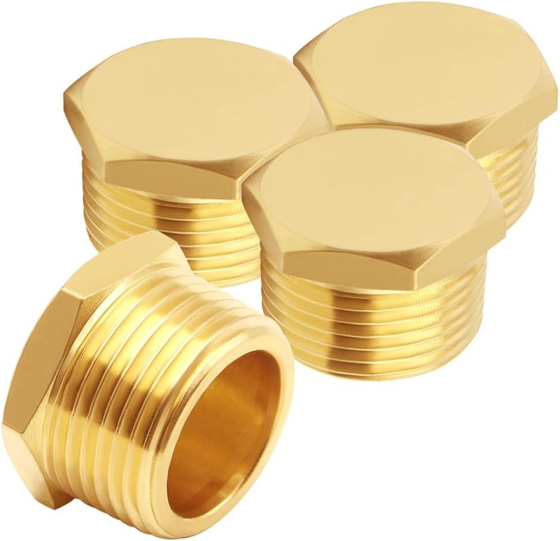 Uenede 4PCS Brass 3/4 Inch NPT Plug Outer Hex 3/4" NPT Male Thread Socket Pipe End Plugs Fitting for Water/Oil/Gas - Image 1